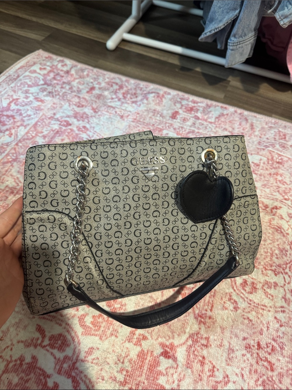 GUESS Gray Monogram Tote with Black Heart Charm and Chain Handles